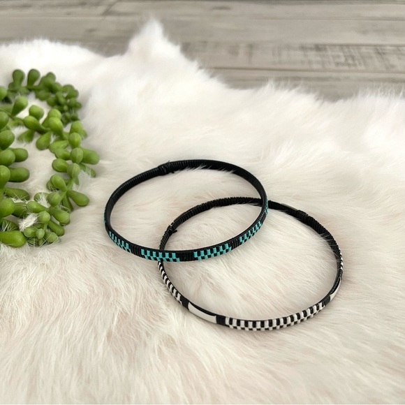 Bangle Bracelet Set of 2 Interwoven Black Blue White - Picture 1 of 3